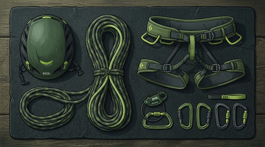 Rangkaian peralatan panjat tali harness helm dan alat penahan tertata rapi sebelum digunakan